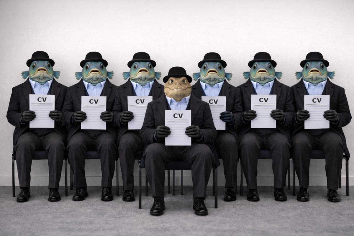 Toto-Rex holding his CV in a row of identical fish-headed candidates
