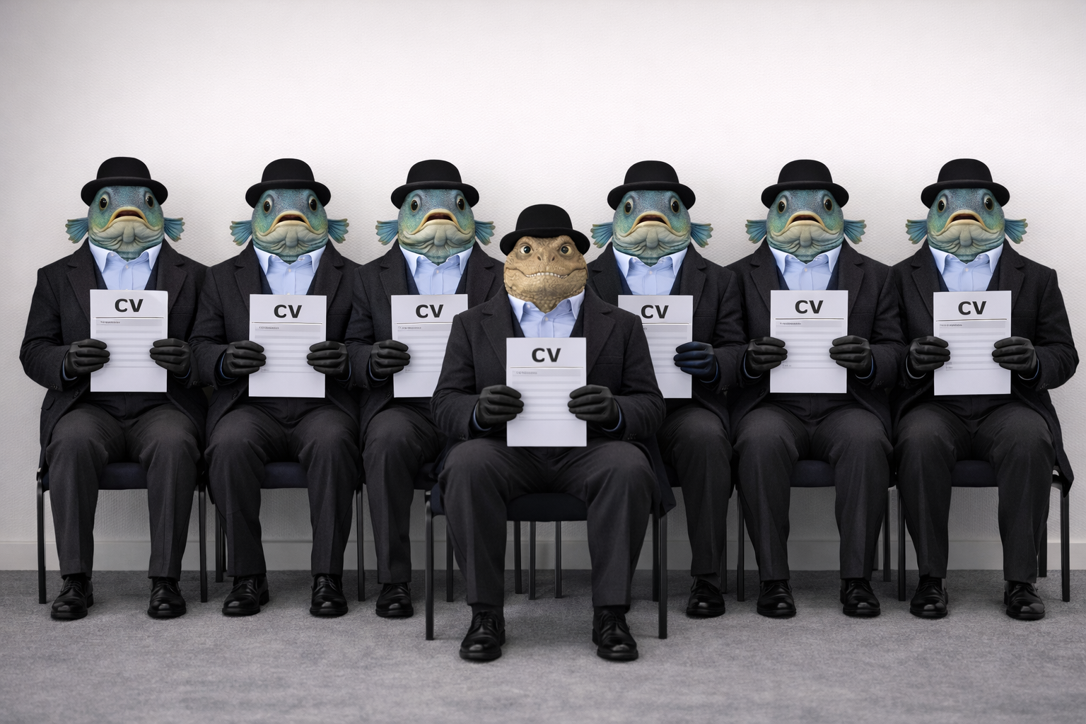 Toto-Rex holding his CV in a row of identical fish-headed candidates