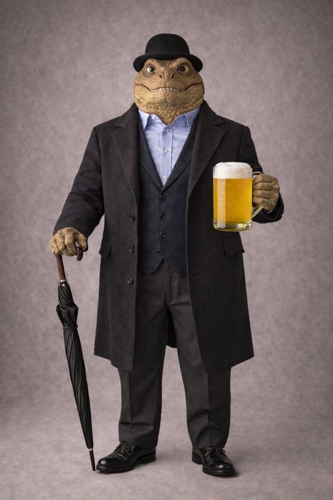 Toto-Rex in a bowler hat raising a glass