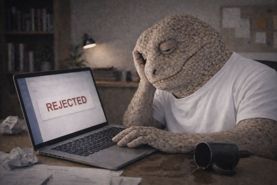 Toto-Rex at a laptop showing the word REJECTED